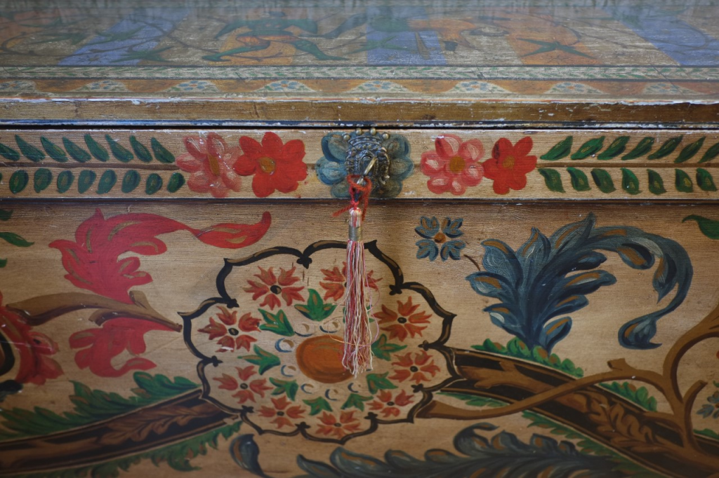 A colourful painted music chest belonging to Gustav Holst